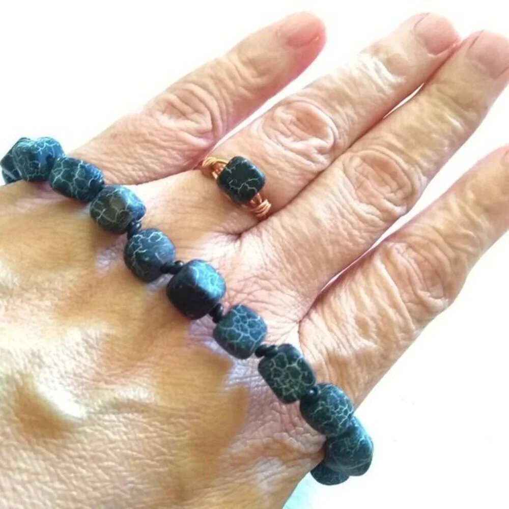 Size 7 - Frosted Black Dragonvein Cube + Copper Wire Ring! Goth Punk Grunge Rock